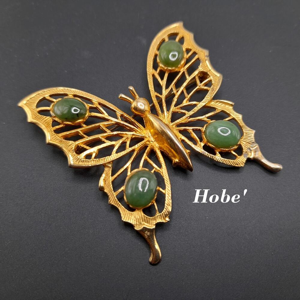 Vintage Hobe Butterfly Brooch Green Chrysoprase Gold
